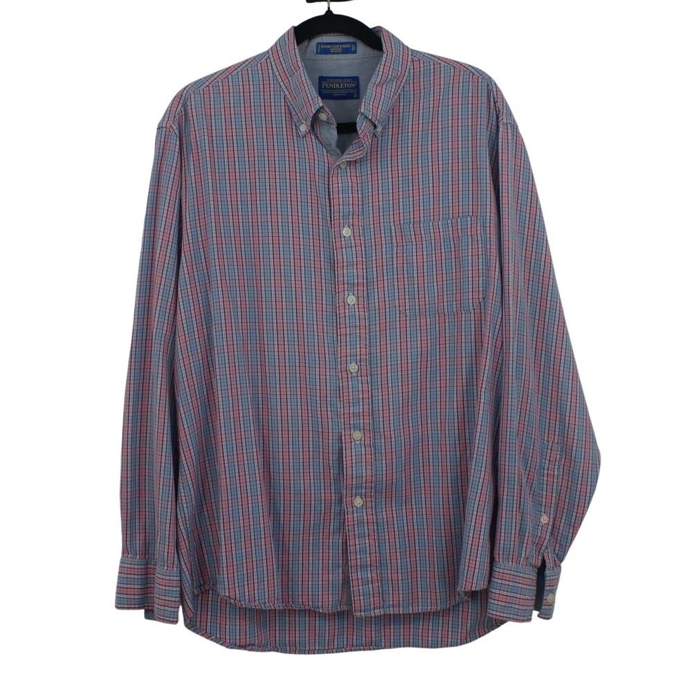 Pendleton Mens Oxford Cloth Shirt Blue Pink Plaid Button Down Long Sleeve Large